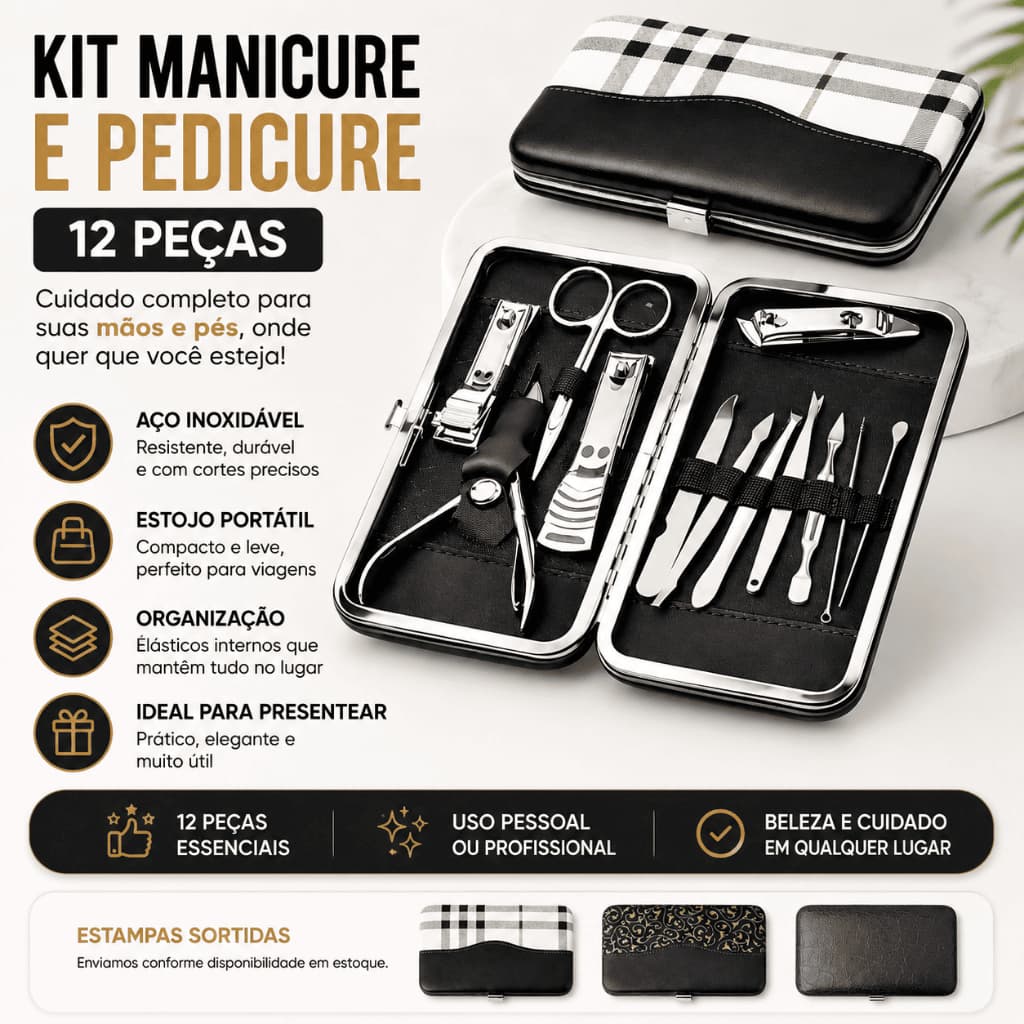 Manicure Pedicure Kit 12 Peças Estojo Portátil Aço Inox Profissional Cortador de Unha Pinça Tesoura