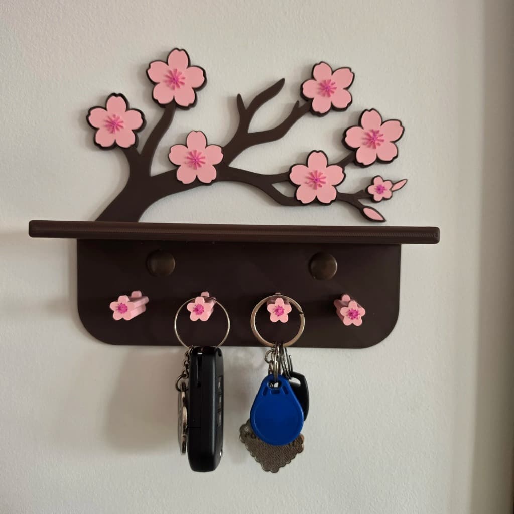 Porta Chaves De Parede Organizador Com Prateleira Flor de Cerejeira Decoração