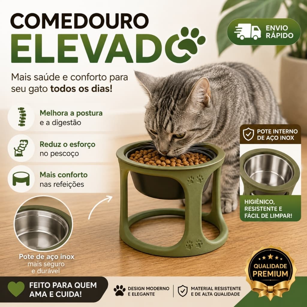 Comedouro Elevado Pet Inox Cachorro Gato Bebedouro Tigela Ração Água Antivômito Premium