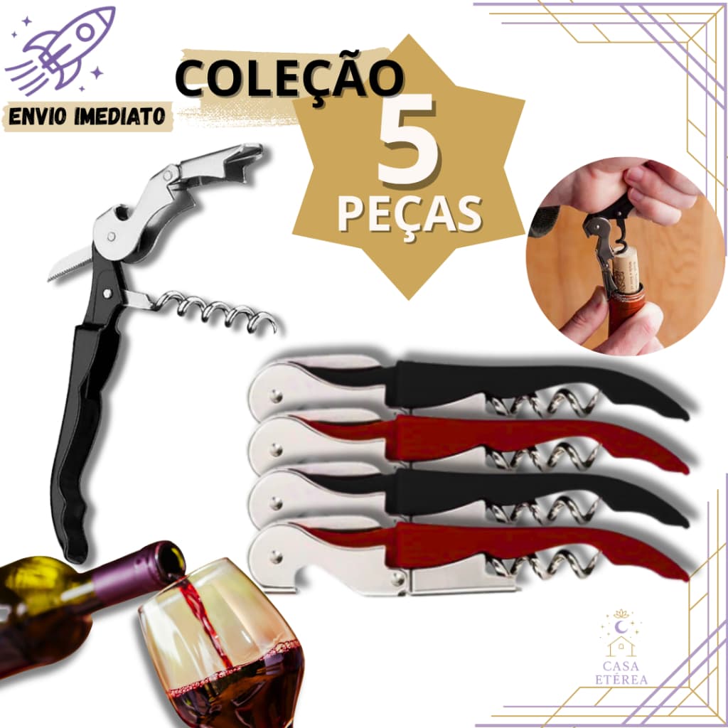 Coleção 5/3/2/1 Saca Rolhas de Vinhos Profissional Inox 3 em 1 com Cortador de Cápsula Casa e Restaurante e Bartender