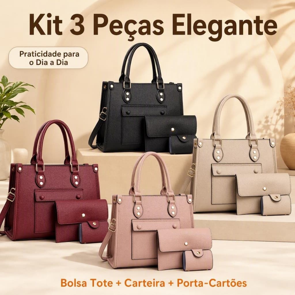 Bolsa Tote Feminina Retrô Couro PU Lichia Kit 3 Peças: Bolsa Carteira Porta Cartões Alça Ajustável Mão Tiracolo 4 Cores