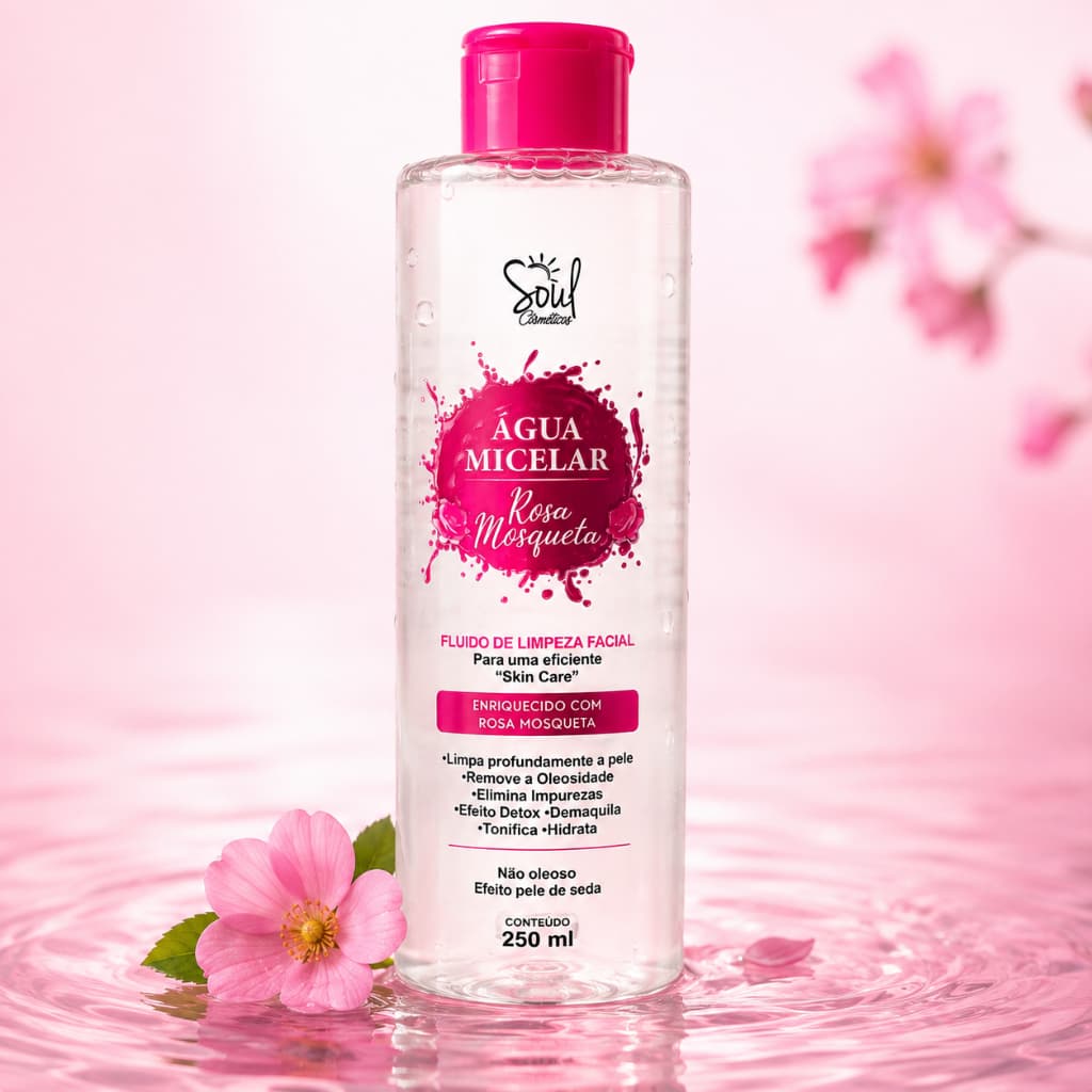 Água Micelar Rosa Mosqueta Demaquilante Limpeza Facial Hidratante 250ml Soul Cosméticos