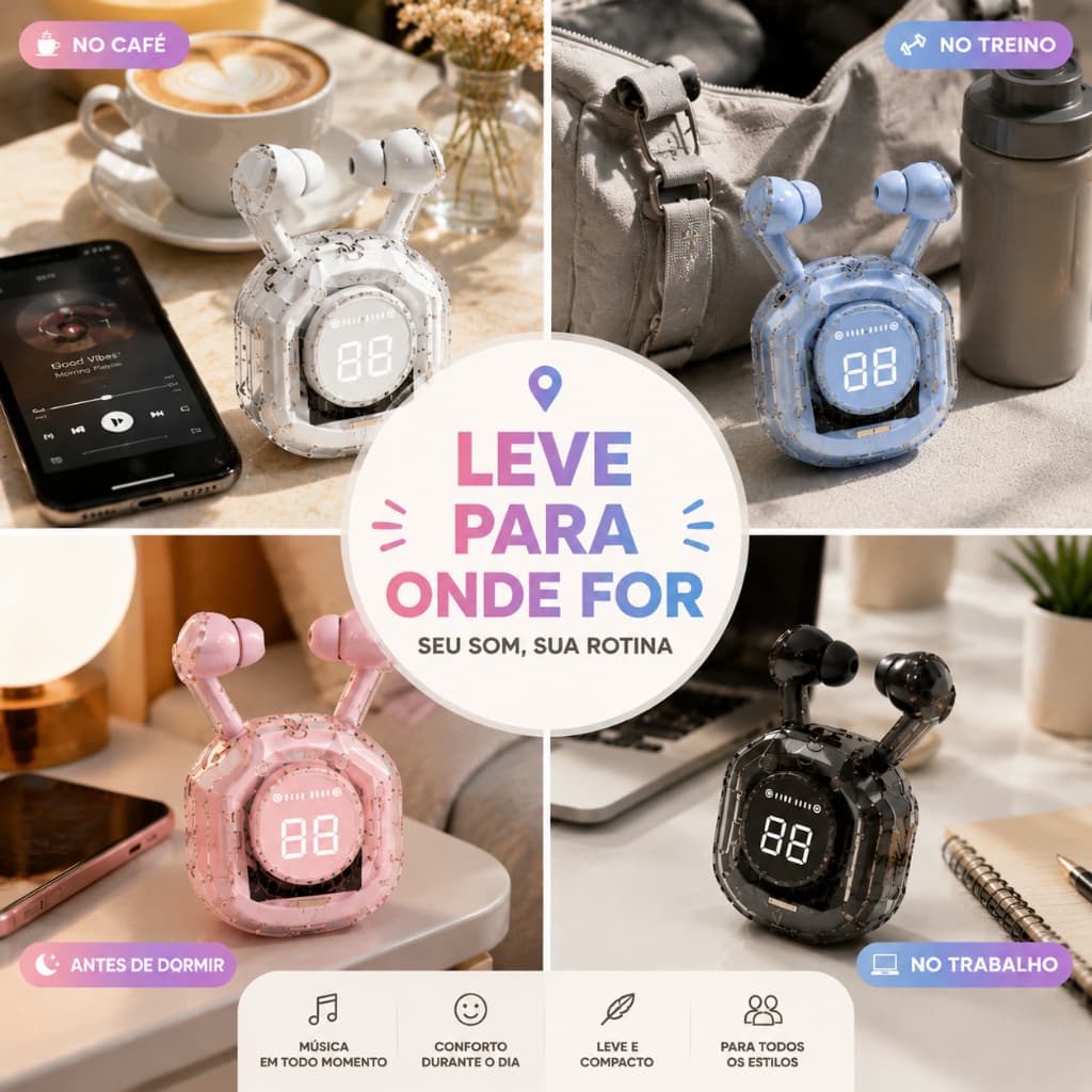 Fones De Ouvido Bluetooth TWS 5.3 HQAi H4 Sem Fio Cancelamento Ruído Para Esporte e Game
