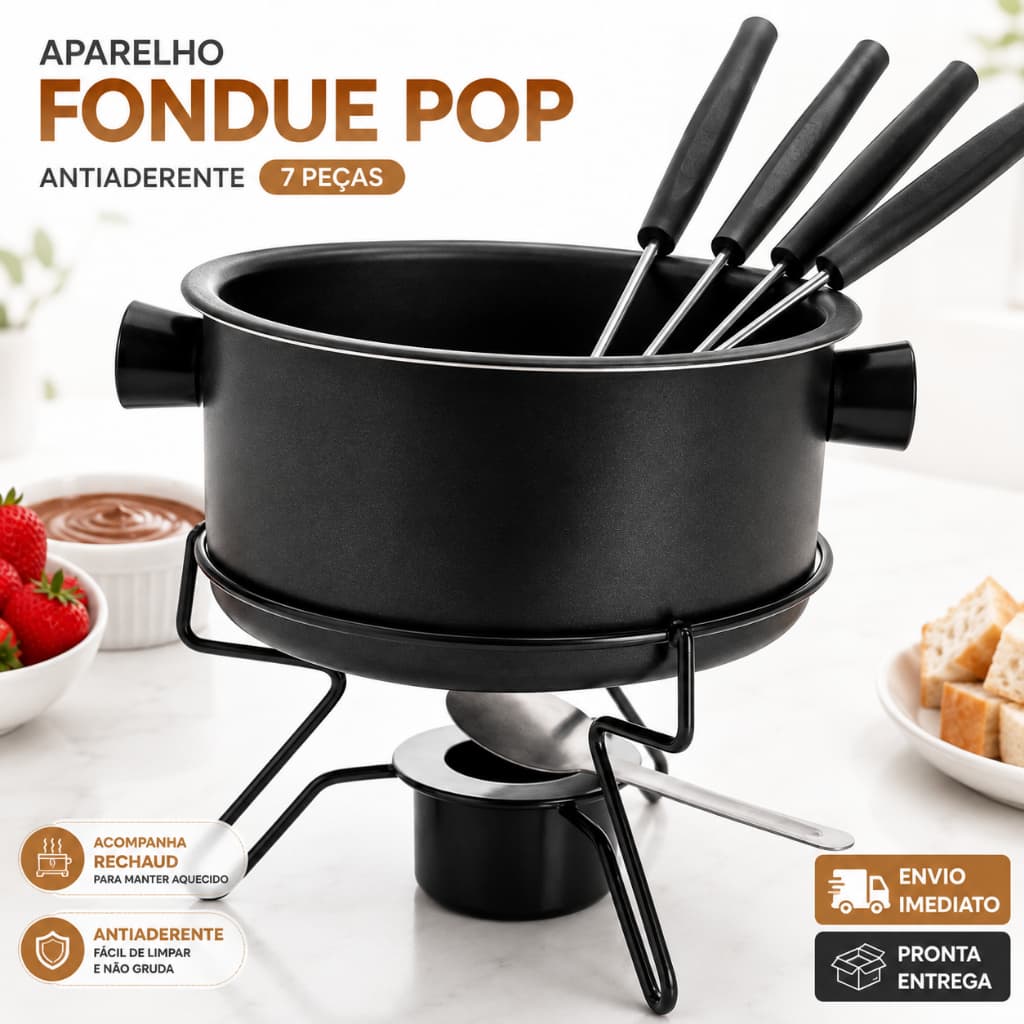 Aparelho de Fondue Pop Antiaderente 7 Peças Preto Forma com 4 Garfos | Panela para Chocolate, Queijo e Carnes