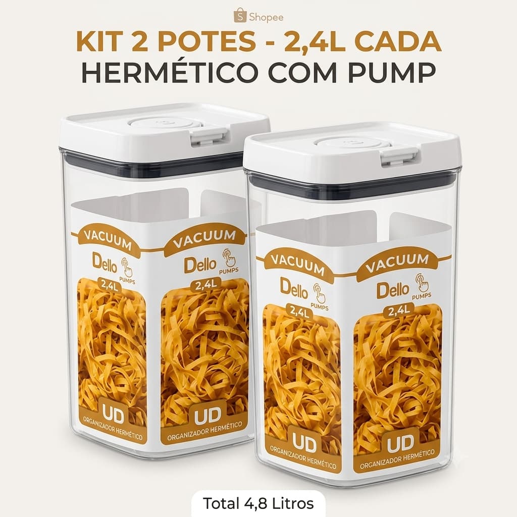 KIT 02 Potes Hermético Retangular Pumps 2,4 Litros Organizador para Mantimentos Vedação Hermética