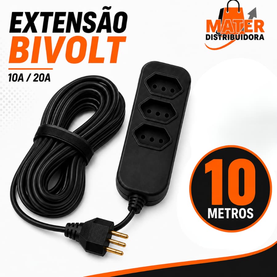 Extensão de Energia Preta 10A Bivolt 10 Metros Preta Durável Cabo Flexível