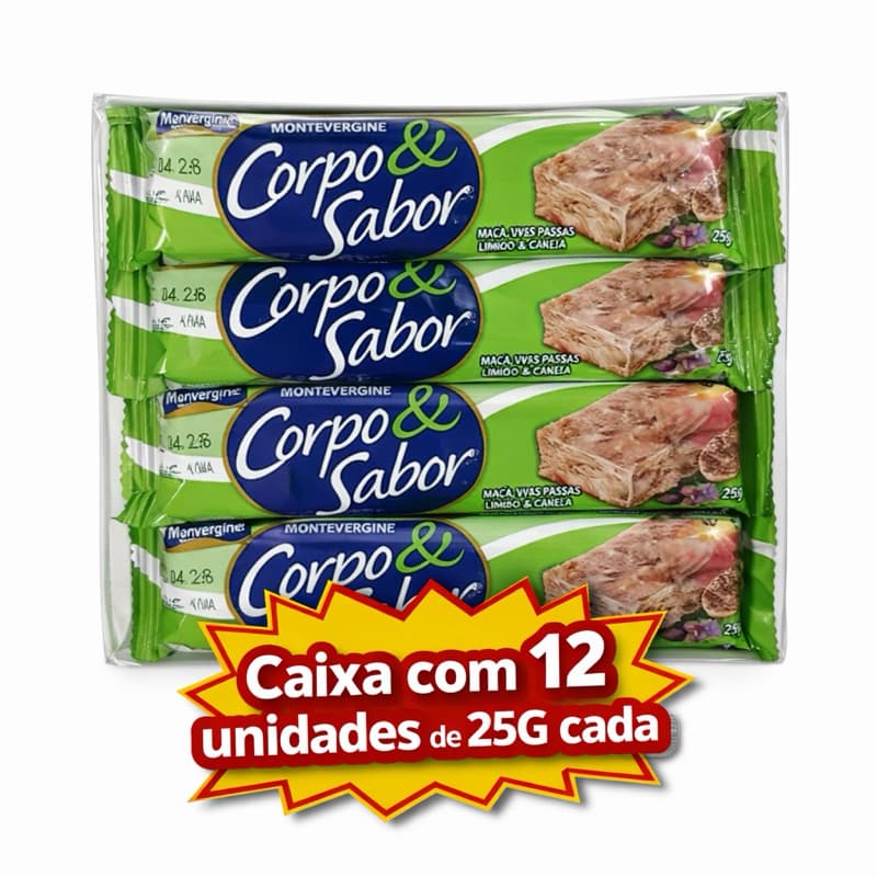 Barra de Cereal sabor Maça, Uva, e Linhaça caixa com 12 unidades de 25g - Corpo e Sabor