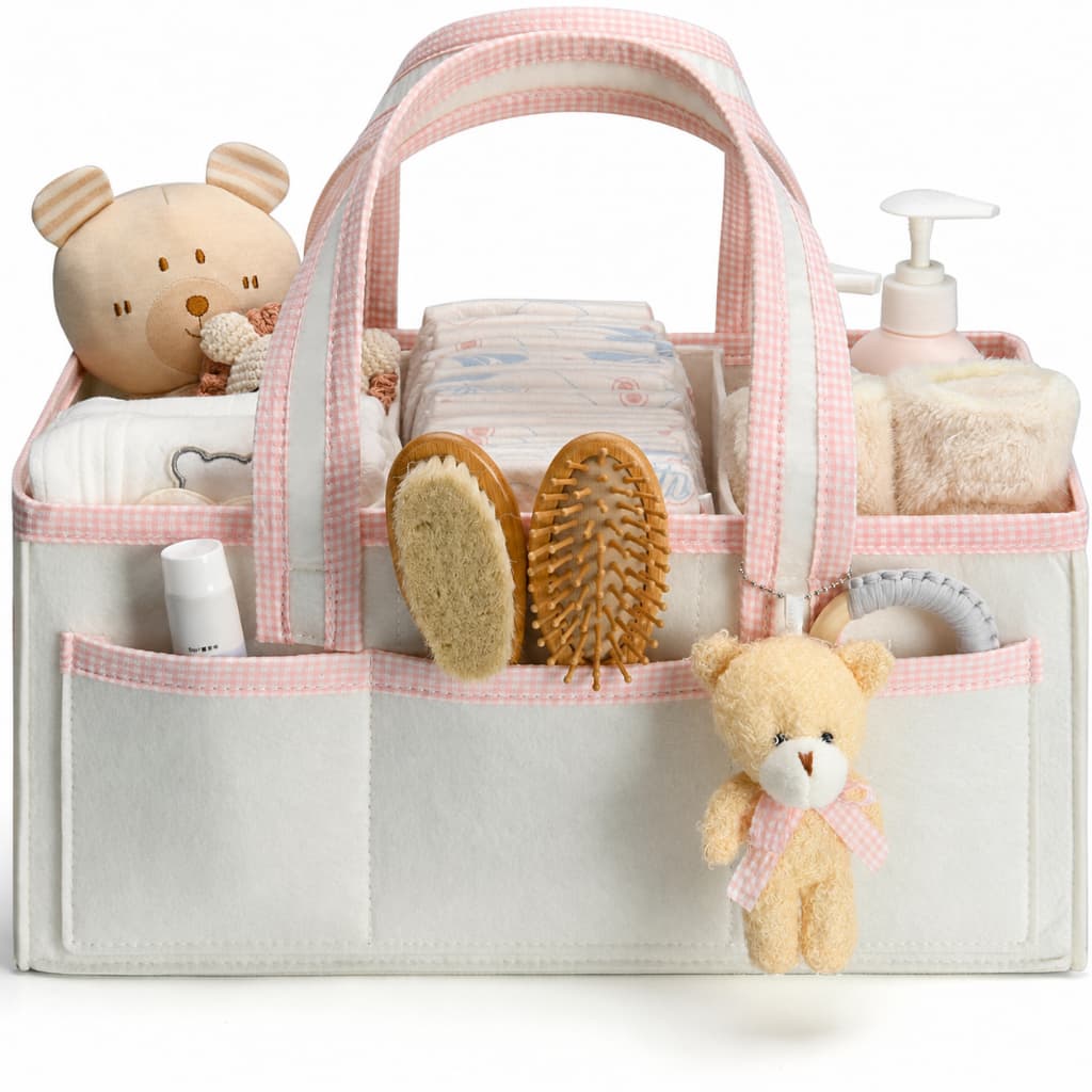 Bolsa Cesto Organizador Porta Fralda Xadrez Feltro Urso Bebê Mamadeira Acessórios Carrinho Maternidade
