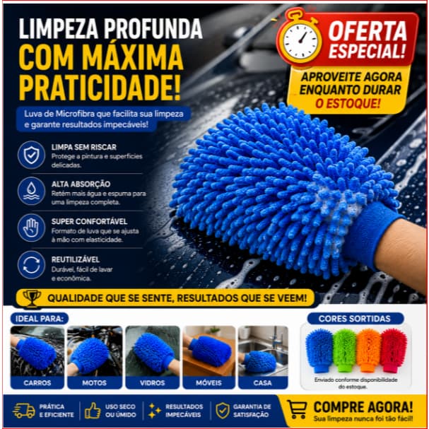 Luva De Microfibra Para Limpeza Automotiva Lava Carro Sem Risco Alta Absorção Reutilizável