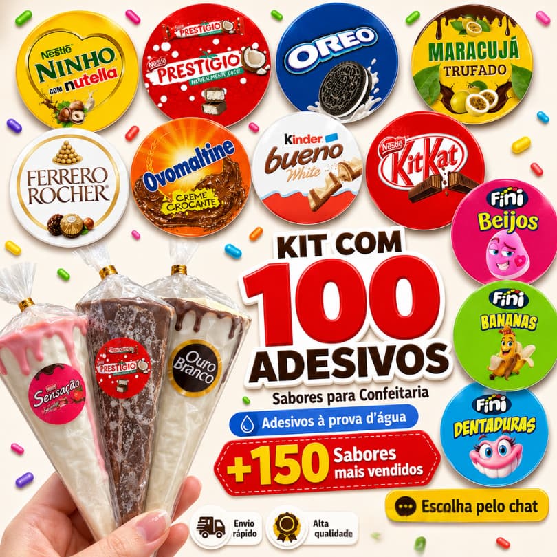 100 Etiquetas Adesivos Sabores Confeitaria Cone Trufado Bolo no Pote
