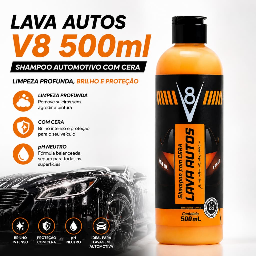 Lava Autos V8 500ml Shampoo Automotivo Com Cera 500ml pH Neutro Limpeza Profunda Brilho e Proteção