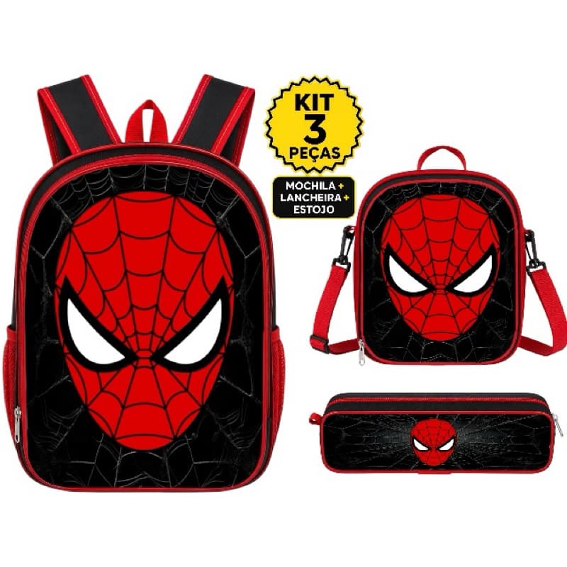 Kit Escolar Homem Aranha Mochila Forro Interno + Lancheira Térmica + Estojo - Resistente - Menino