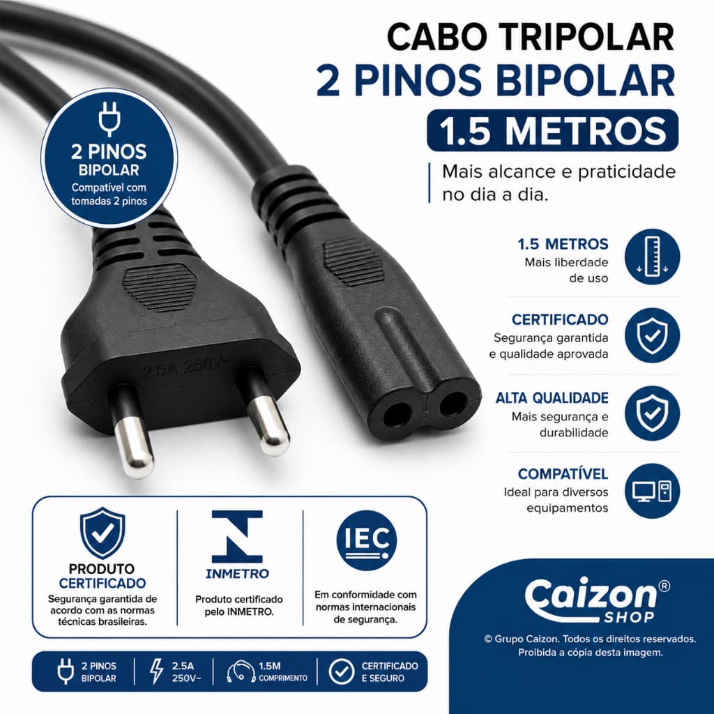 Cabo de Energia 2 Pinos Bipolar 1,5m P/ Ps3 Ps4 Ps5 TV Monitor Notebook Impressora Universal