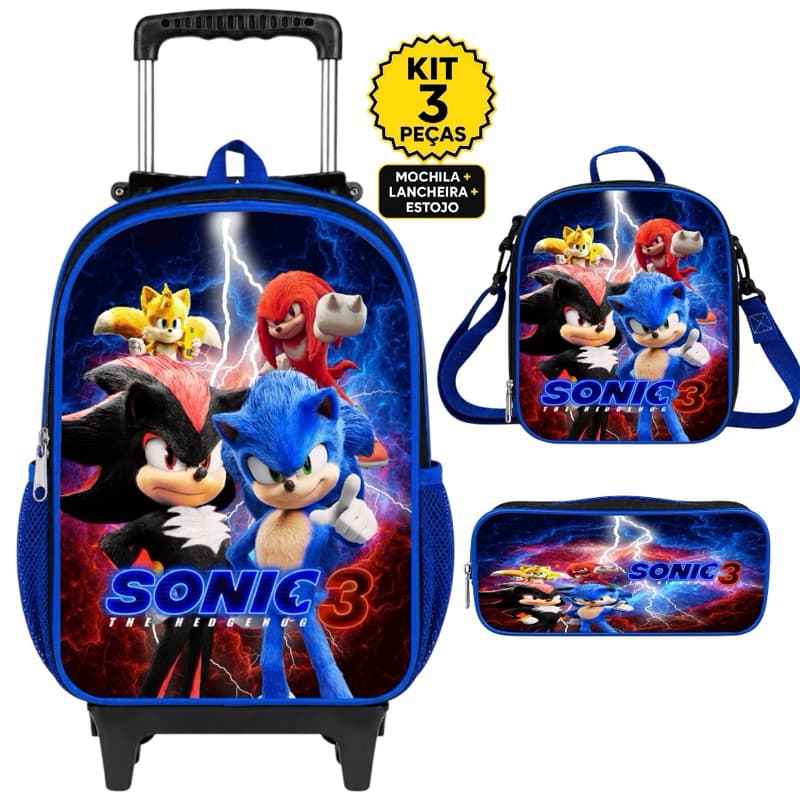 Mochila Escolar Sonic 3 Menino Infantil Masculina Rodinha Bolsa Grande Juvenil Reforçada