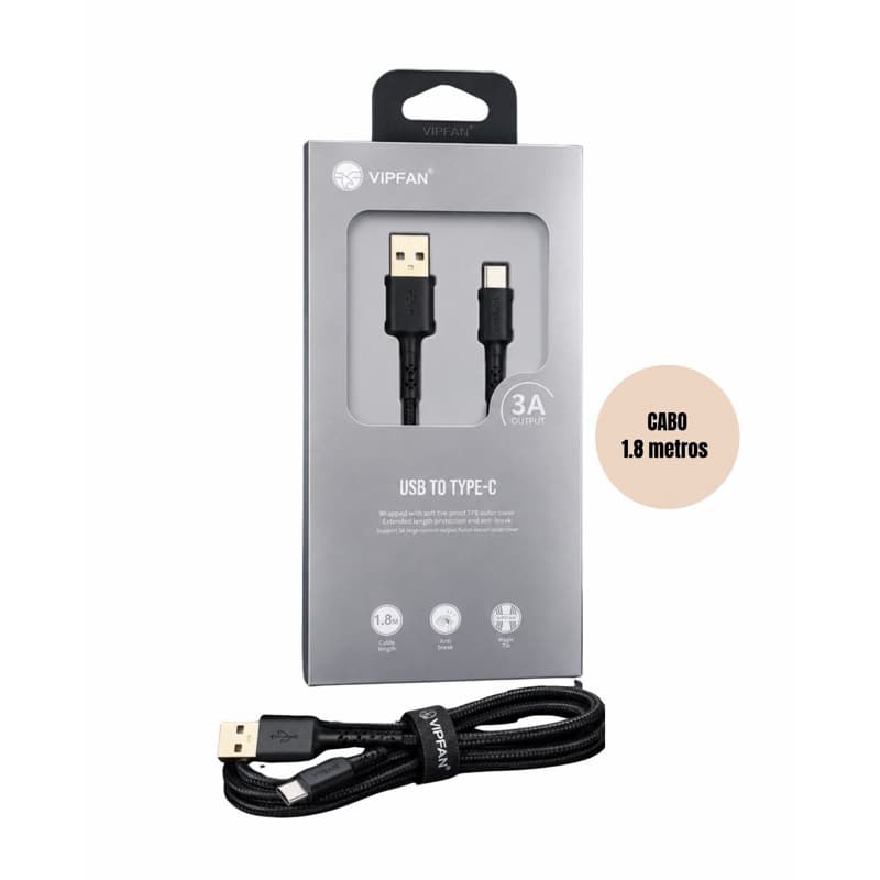 Cabos VIPFAN USB para Type-C e Lightning 1,8 Metros – Carregamento Rápido 3A