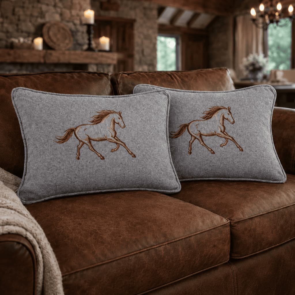 2 Almofadas Luxo 50cm Linhão Bordado Premium Exclusivo Cavalo Decorativo Acabamento Completo Capa Mais Enchimento