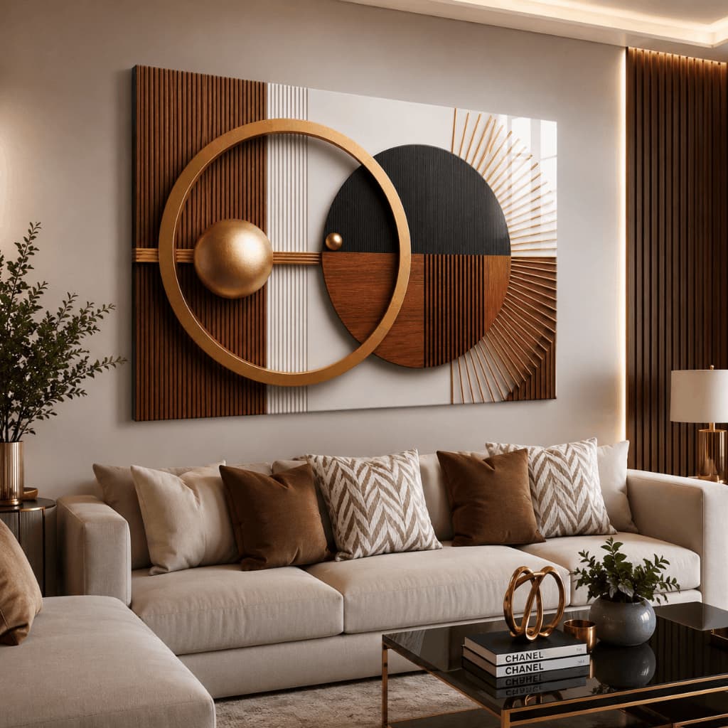 Quadro Decorativo Abstrato Geométrico 3D Dourado Marrom Preto Moderno Luxo para Sala Escritório