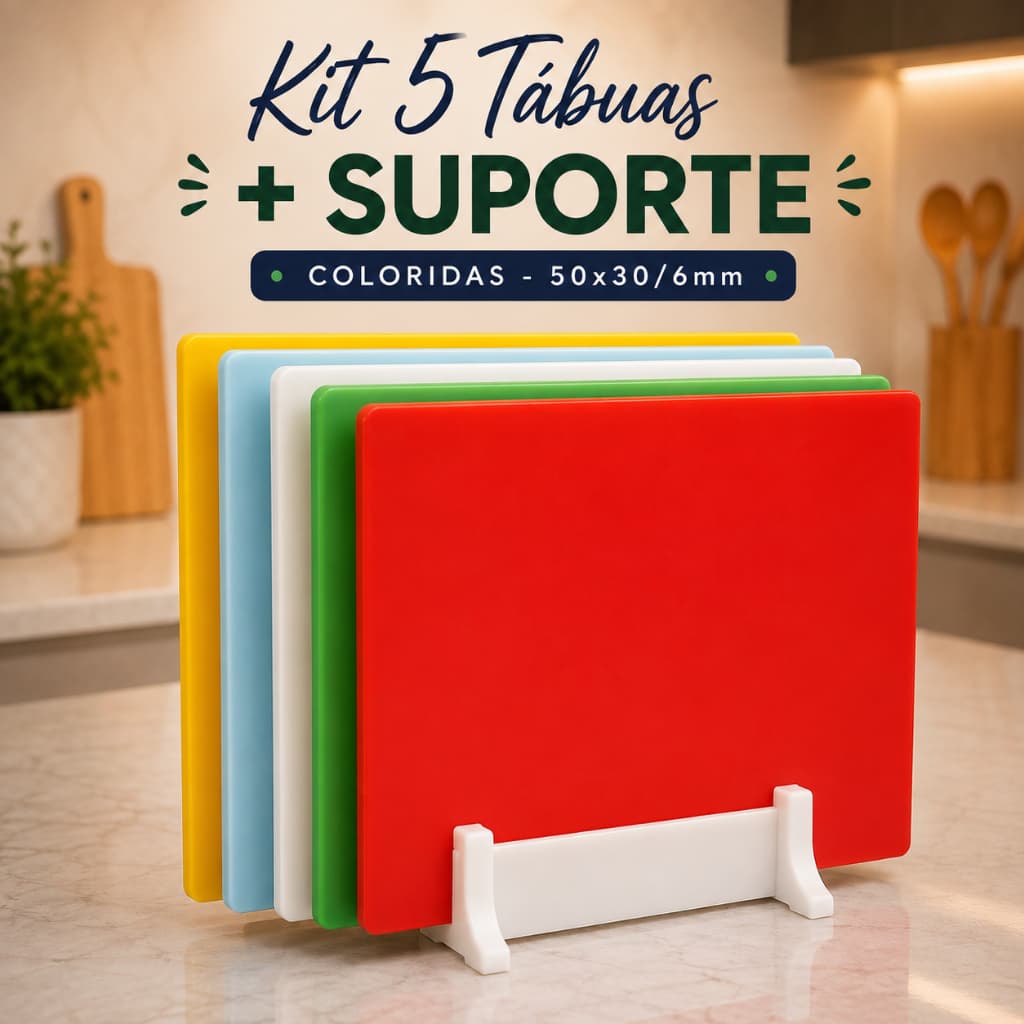 Kit 5 Tabuas De Corte 50x30 6MM + SUPORTE Profissional Antibacteriana  Carnes Legumes Peixes