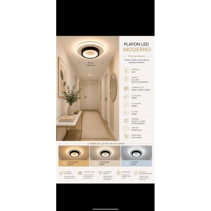 Luminária De Teto Led Moderna Plafon 3 em 1 Lustre para Quarto, Sala, Escritorio, Corredor, Cozinha