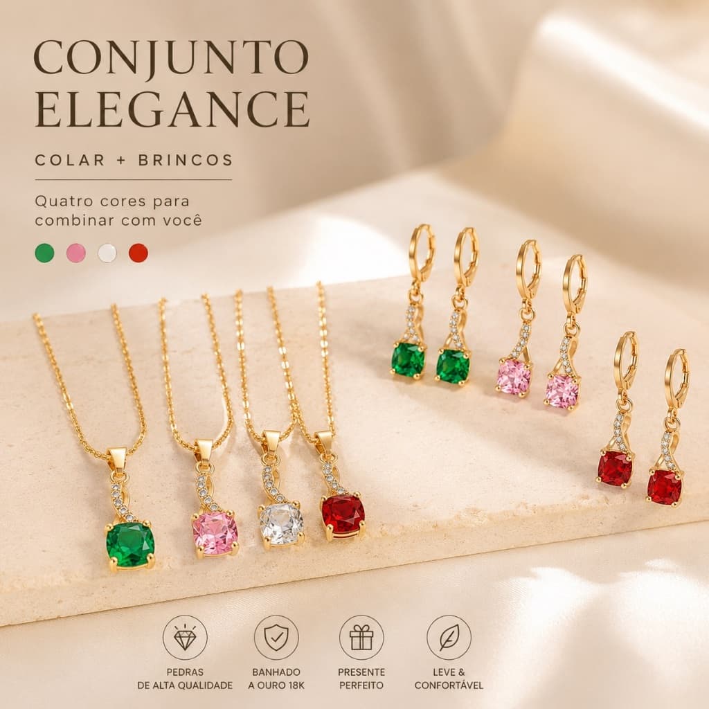 Kit Colar e Par de Brincos Folhado a Ouro 18k Pingente Royal Class Zircônia Charme Luxo Beleza