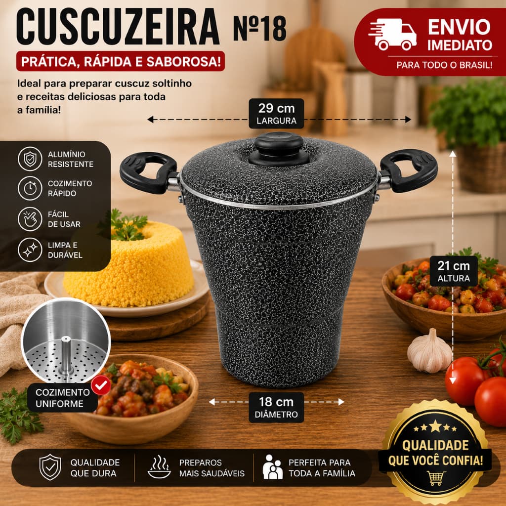 Cuscuzeiro Craqueado N18 Grande Alumínio com Tampa e Peneira Panela para Cuscuz no Vapor Nordestino