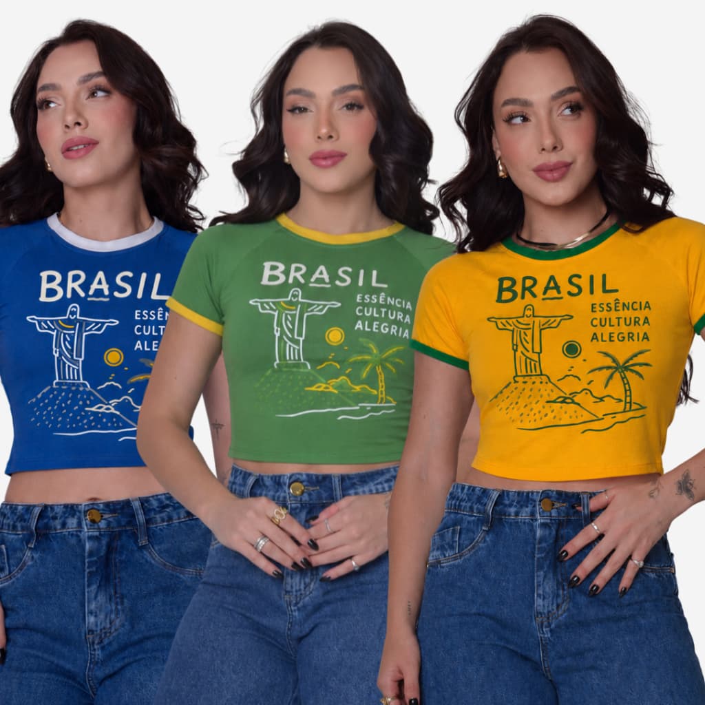 Kit 2 Croppeds Femininos Rio de Janeiro Cristo Redentor Baby Look  Brasil Estampa Tropical Verão Praia Pão de Açúcar