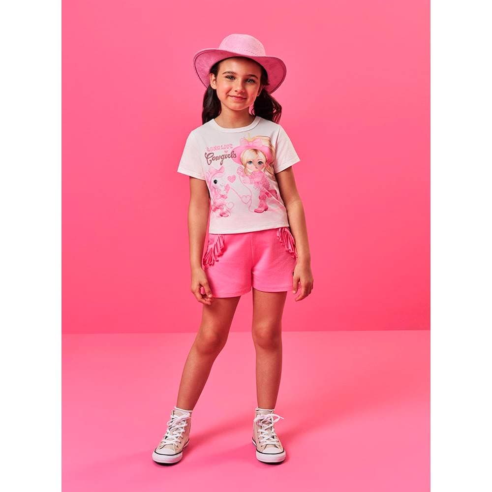 Conjunto Cinti Infantil Feminino Cowgirl Rosa Camiseta  + Short com Franja