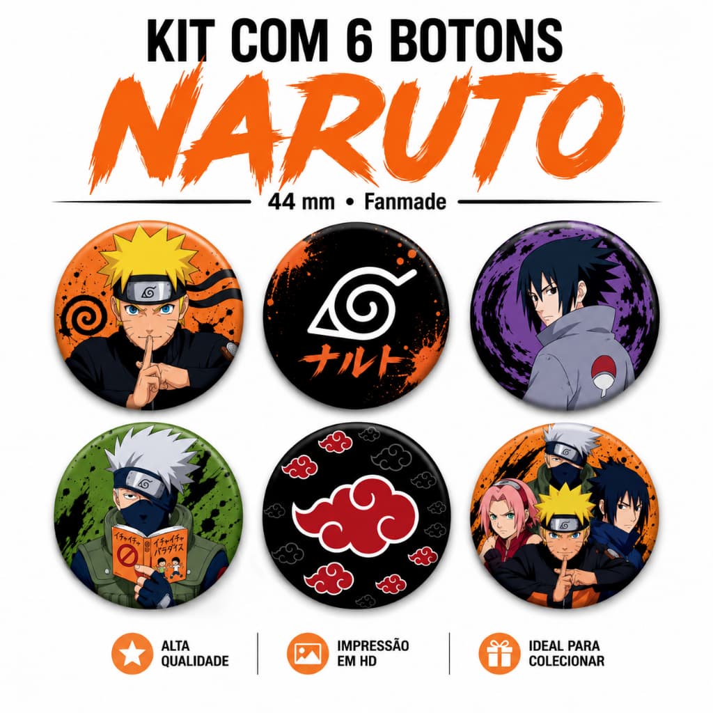 Kit 6 Botons Naruto Fanmade 44 mm | Coleção Anime Legends para Mochila, Bolsa e Jaqueta Itachi Uchiha