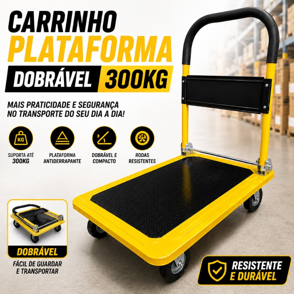 Carrinho Plataforma Dobrável 300kg Aço Reforçado Rodas Giratórias BOM2853