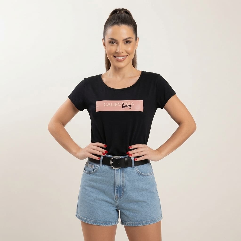 Blusa Feminina Preta Estampa California Honey Manga Curta Casual Moderna Básica