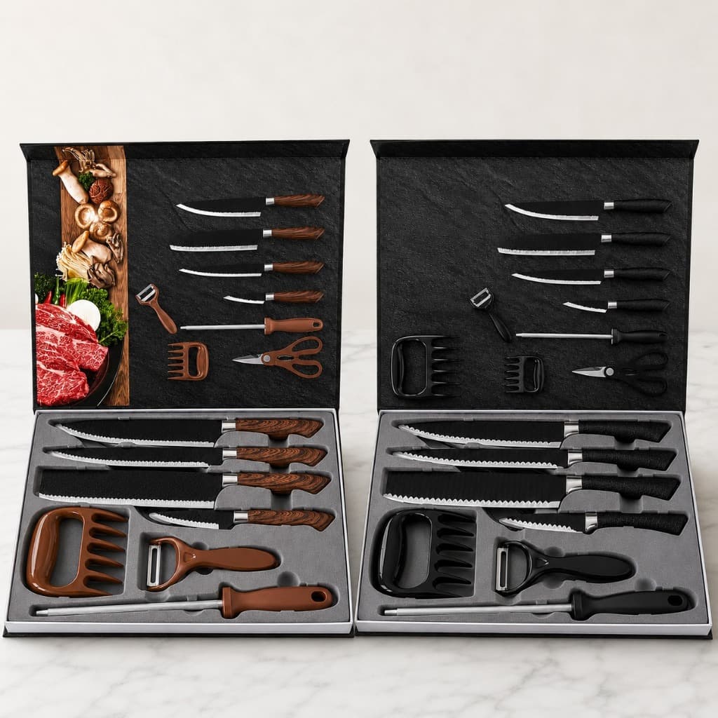 Kit Churrasco 8 Peças em Aço Inox | Jogo de Facas para Cozinha | Preto e Marrom