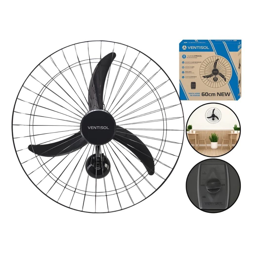 Ventilador Parede 60cm/50cm New Preto 127V/220V Premium Ventisol