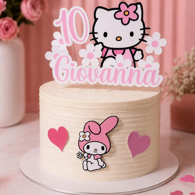 Topo de Bolo Hello Kitty Rosa com My melody
