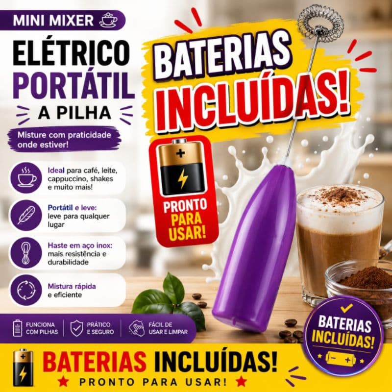 ✨ Mini Mixer Elétrico Portátil em Aço Inox com Pilhas Inclusas | Misturador para Café, Leite, Cappuccino, e Bebidas