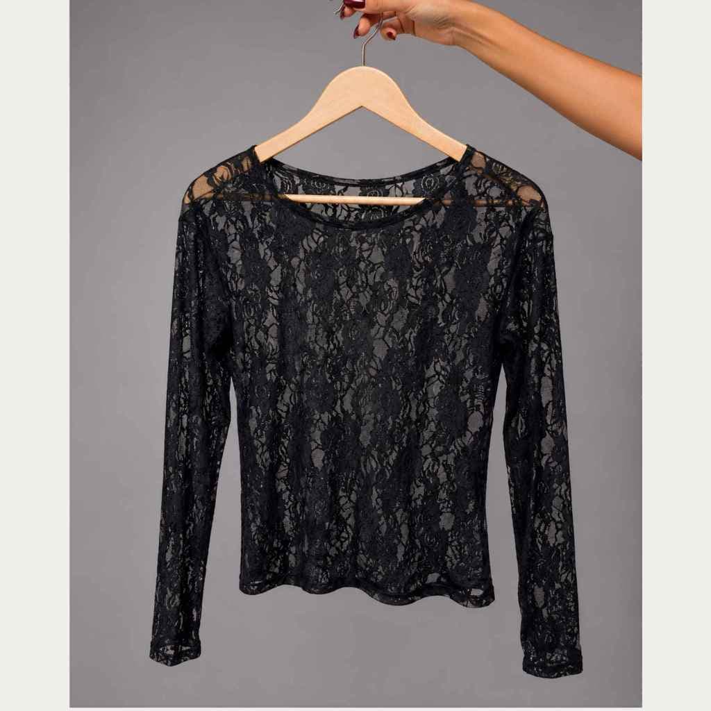 Blusa Renda Floral Manga Longa Preta Transparente