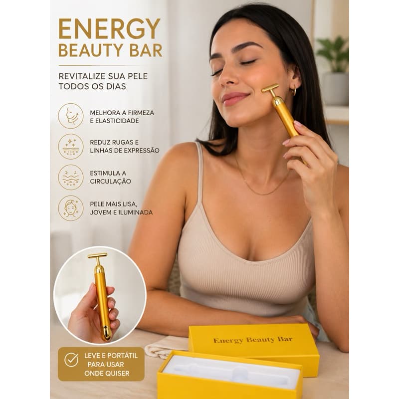 Massageador Facial Elétrico Energy Beauty Bar Dourado T-Bar para Rosto Pescoço Skincare Portátil Cuidados com a Pele