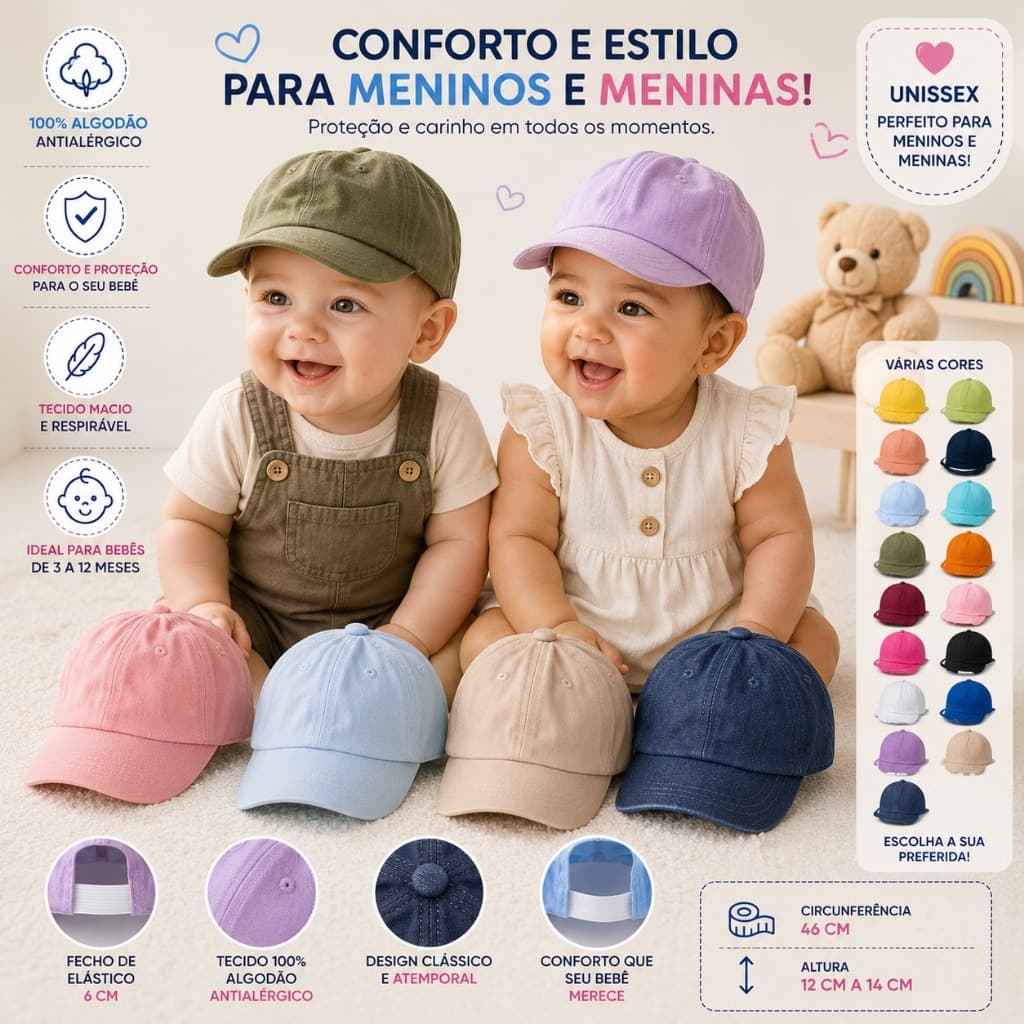 Boné Infantil Bebê 3 a 12 Meses Elástico 6cm 100% Algodão Antialérgico Menino Menina Recém Nascido