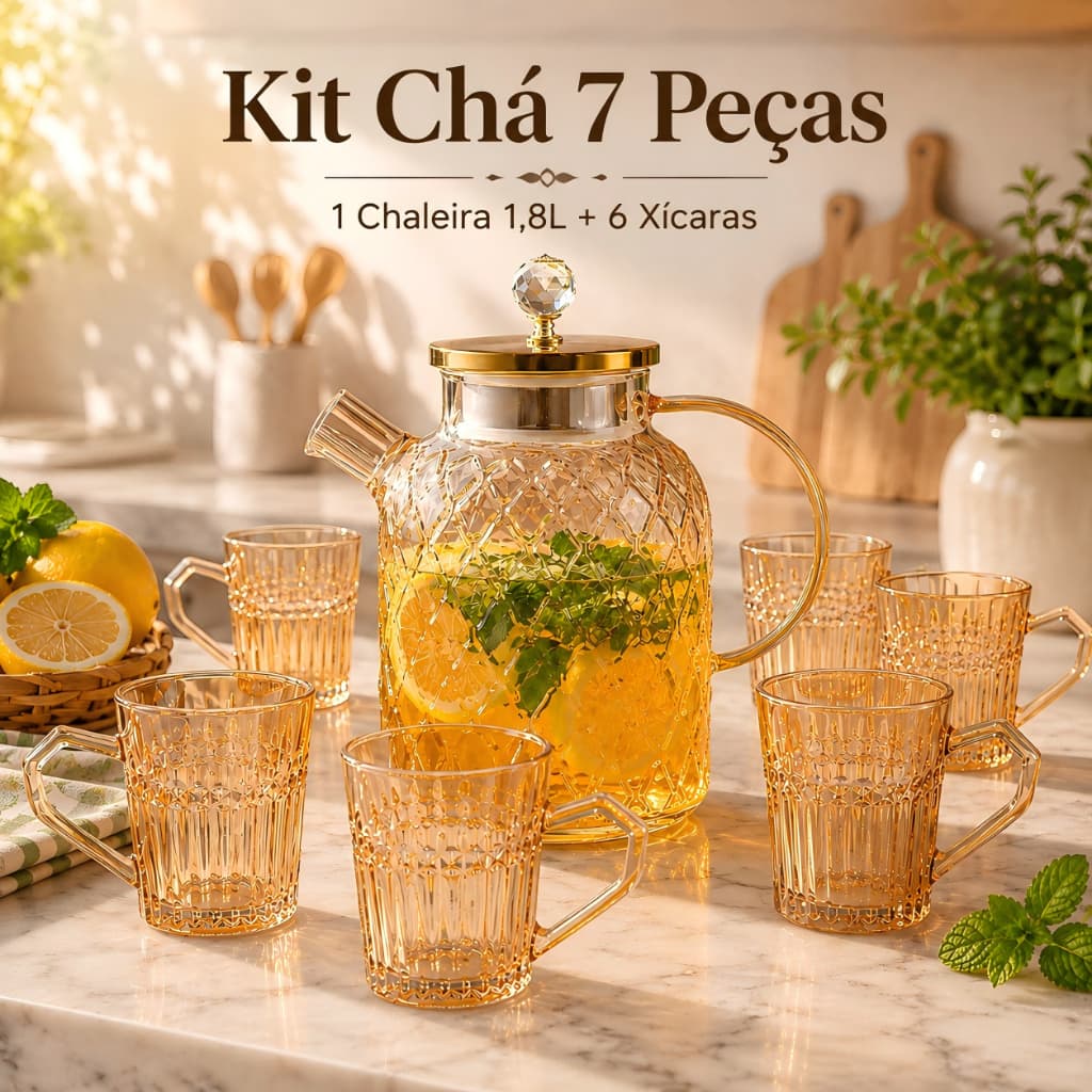 VidroViva Conjunto de Chá 7 Peças com Chaleira de Vidro 1,8L e 6 Canecas Âmbar 200ml