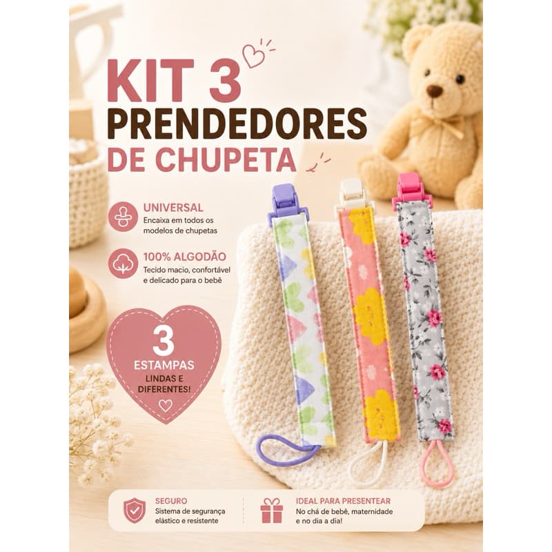 Kit 3 Prendedores de Chupeta Universal 100% Algodão Estampas Sortidas