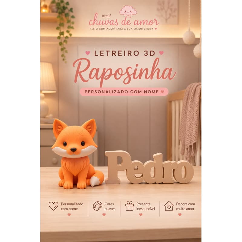 Letreiro 3D Raposinha Personalizado com Nome | Decoração Quarto de Bebê | Porta Maternidade Infantil