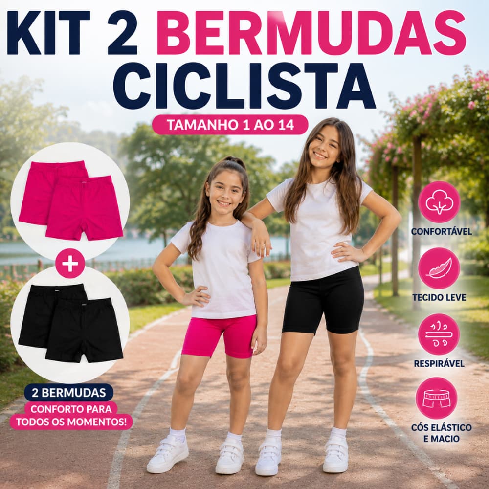 Kit 2 Bermudas Cotton Infantil Juvenil Menina Tamanho 1 ao 14