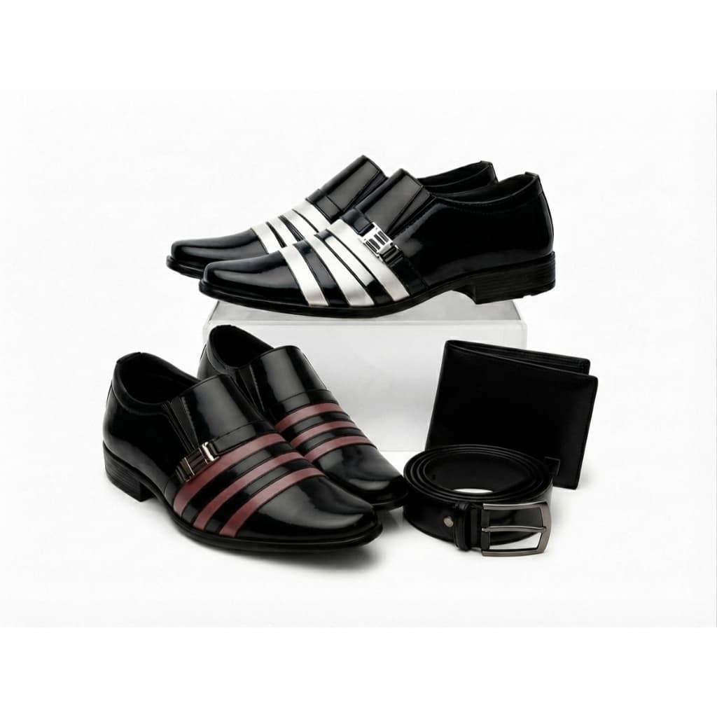 Kit 2 Pares de Sapato Social Masculino Verniz Luxo + Cinto e Carteira