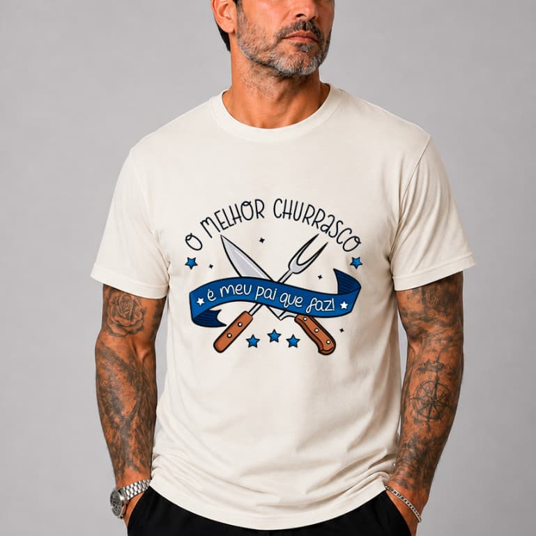 Camiseta MELHOR CHURRASCO MEU PAI QUE FAZ Coleção Dia dos Pais Filhos Família 100% Algodão