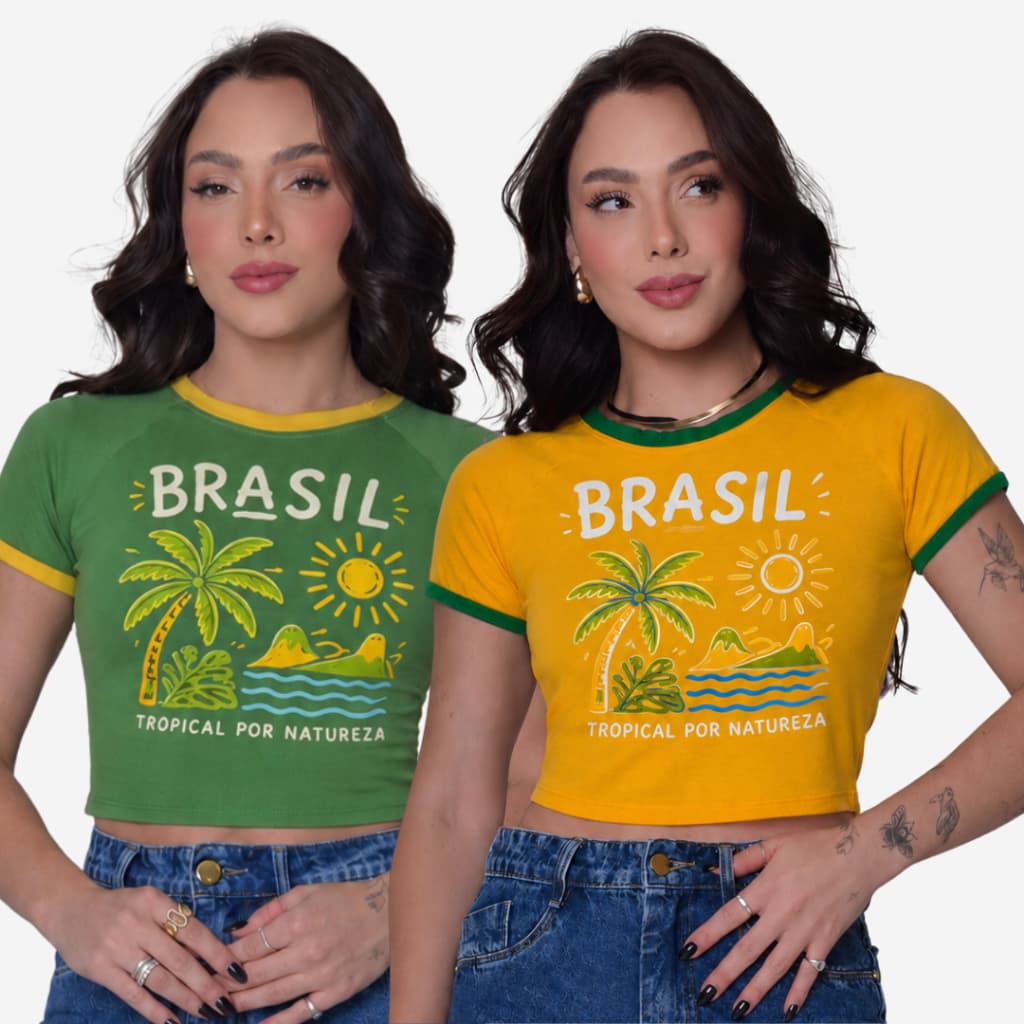 Kit 2 Camisetas Cropped Feminino Brasil Tropical Baby Look Estampa Verão Praia Palmeiras Sol Rio de Janeiro Pé na Areia