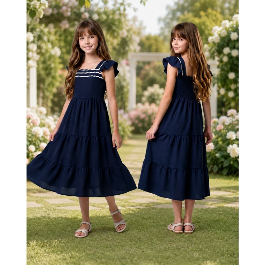 Vestido Juvenil Vestido Midi Vestido Canelado Vestido Infantil Vestido Manga Babado Vestido Festa Vestido Listra
