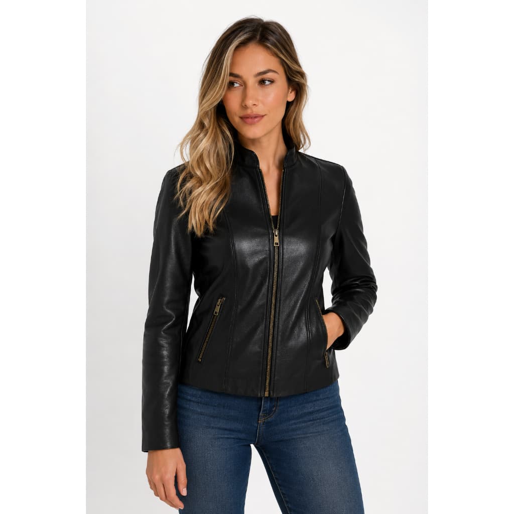 Jaqueta De Couro Legítimo Preta FCouros Minimalistic Café Racer Clássica P ao G2 Biker Motoqueira