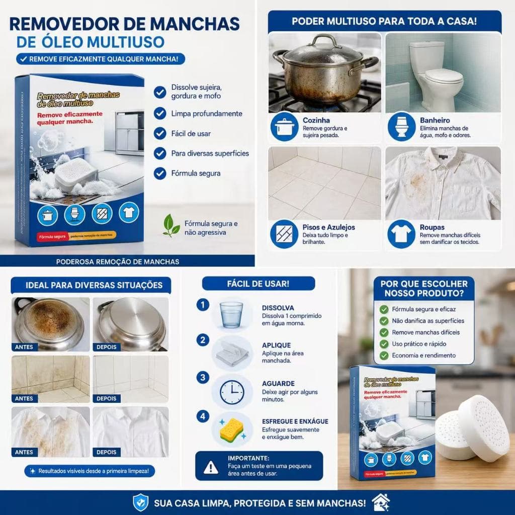 Pastilhas Efervescentes Multiuso Removedor de Manchas e Gordura | Limpeza Profunda para Cozinha, Banheiro, Piso e Roupas
