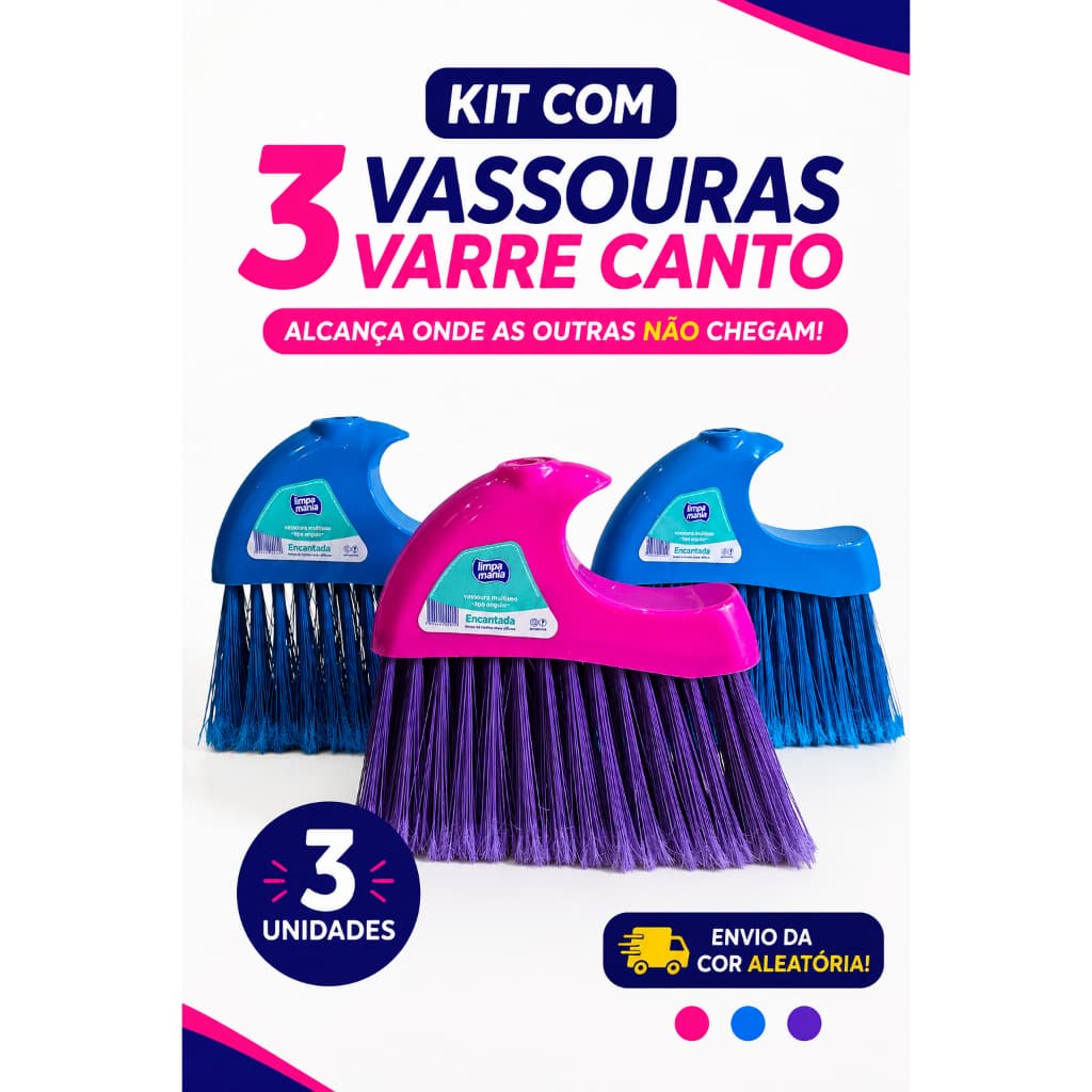 Kit com 3 Vassouras Limpa Mania Varre Canto Cerdas Médias Sem Cabo Uso Interno e Externo