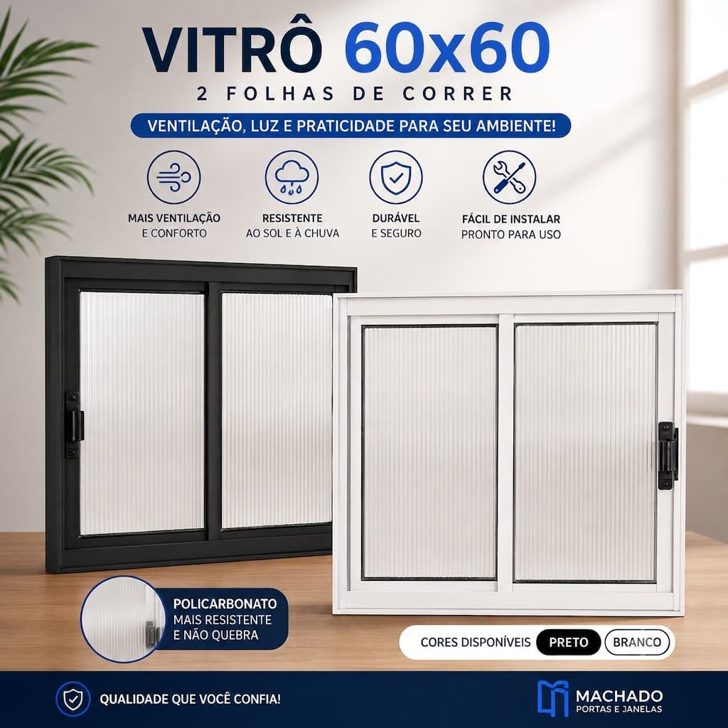 Janela Vitrô 2 Folhas de Correr em Alumínio A60 x L60 com Policarbonato Ideal para Pequenos Espaços