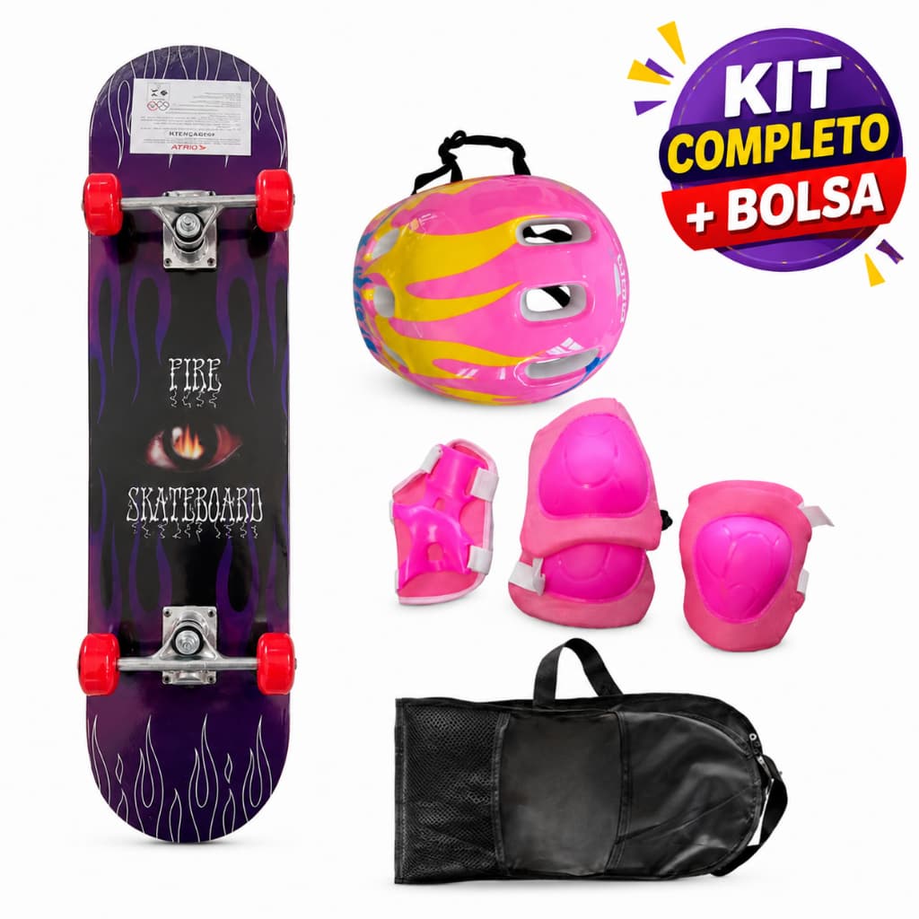 Skate Infantil Completo Menina Menino Estampado com Kit de Proteção Capacete Joelheiras e Bolsa Mochila